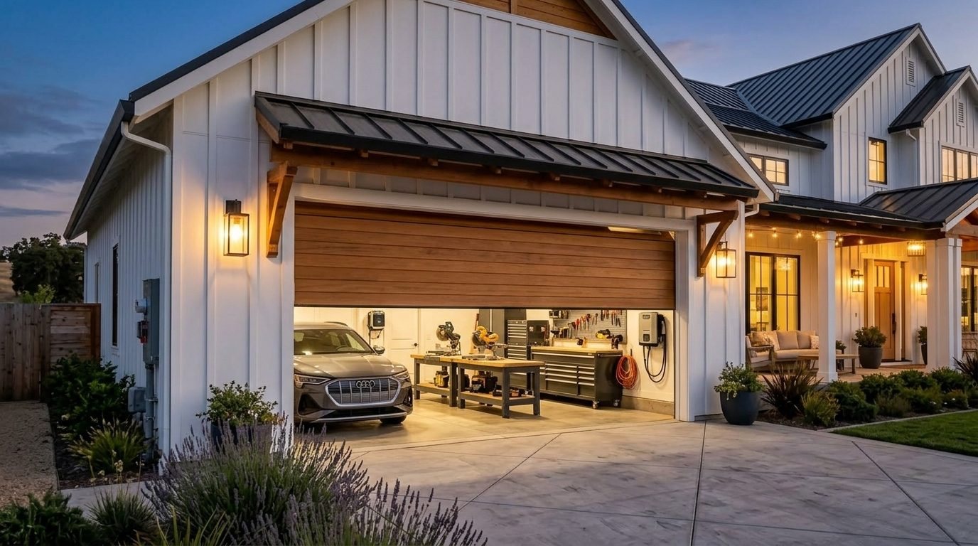 Charlotte Elite Garage Door Garage Door Gliding Open Revealing Warm Illuminated Interior